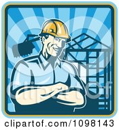 Poster, Art Print Of Retro Construction Worker Foreman Smiling With Folded Arms With A Home Being Built In The Background