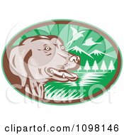 Retro Chocolate Lab Dog By A Lake With Pheasants Flying In A Green Ova