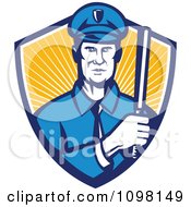 Retro Police Officer Holding A Baton In A Shield Or Rays