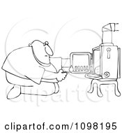 Outlined Kneeling Man In Front Of His Heat Stove To Light A Fire