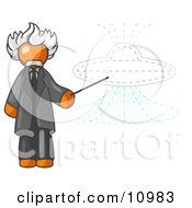 Orange Einstein Man Pointing A Stick At A Presentation Of A Flying Saucer