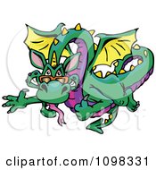 Poster, Art Print Of Flying Green And Purple Dragin Waving And Holding A Thumb Up