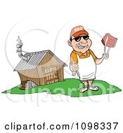 Happy White Chef Holding A Thumb Up And Ribs With Tongs By A Smoke House