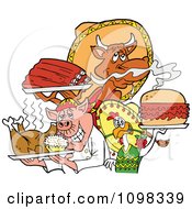 Poster, Art Print Of Chef Chicken Pig And Cow Holding Ribs Roasted Bird And Pulled Pork Burger
