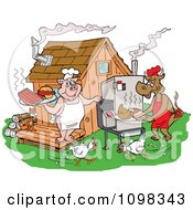 Chickens Running Around A Cow And Pig Using A Smoker And Cooking Meat At A Bbq Shack