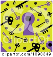 Seamless Purple And Yellow Skeleton Key And Keyhole Pattern Background