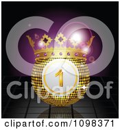 3d Crowned Lottery Or Bingo Ball Over Reflective Tiles And Purple Flares