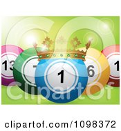 3d Blue Crowned Lottery Or Bingo Ball With Other Balls Over Green With Flares
