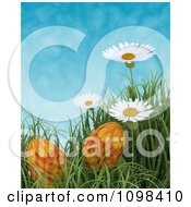 Poster, Art Print Of 3d Orange Easter Eggs In Grass With White Daisies Against A Blue Sky