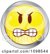 Clipart Yellow And Chrome Mean Cartoon Smiley Emoticon Face 2 Royalty Free Vector Illustration
