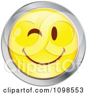 Poster, Art Print Of Flirty Winking Yellow And Chrome Cartoon Smiley Emoticon Face 2