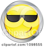 Poster, Art Print Of Cool Yellow And Chrome Cartoon Smiley Emoticon Face Wearing Sunglasses 1