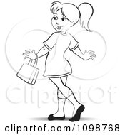 Clipart Happy Outlined Woman Walking With A Purse Royalty Free Vector Illustration