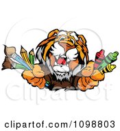 Poster, Art Print Of Happy Tiger Mascot Holding Out Art Crayons Paintbrushes And Pencils