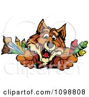 Clipart Happy Fox Mascot Holding Out Art Crayons Paintbrushes And Pencils Royalty Free Vector Illustration by Chromaco