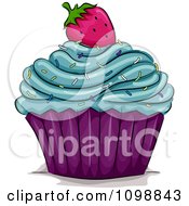 Cupcake Topped With Blue Frosting Sprinkles And A Strawberry