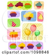Clipart Cupcakes Balloons And Party Hats Royalty Free Vector Illustration