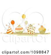 Poster, Art Print Of Orange And Beige Party Hats Balloons Cupcakes And A Gift Box