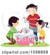 Poster, Art Print Of Happy Family Bathing Their Dog In A Tub