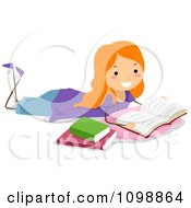 Poster, Art Print Of Happy Red Haired College Student Woman Reading A Book On The Floor