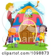 Poster, Art Print Of Happy Diverse Kids Painting An Easter Egg House