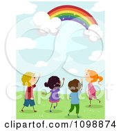Poster, Art Print Of Excited Diverse Kids Looking Up At A Magical Rainbow In The Sky
