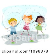 Happy Diverse Children Playing In The Rain