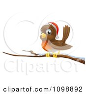 Poster, Art Print Of Happy Christmas Robin Wearing A Santa Hat And Perched On A Branch
