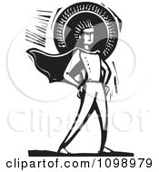 Male Super Hero Standing With His Hands On His Hips Against The Sun Black And White Woodcut