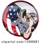 Retro American Revolutionary Soldier Patriot Minuteman Carrying A Flag