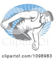 Faded Retro Male Athlete Throwing A Discus Over Blue Rays