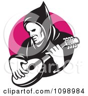 Retro Hooded Man Playing A Banjo Over A Pink Circle