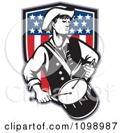 Poster, Art Print Of Retro American Revolutionary War Soldier Patriot Minuteman Drummer With A Shield Of Stars And Stripes