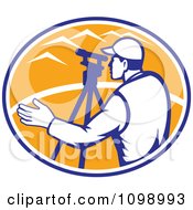 Clipart Retro Surveyor Engineer Using Theodolite Total Station Equipment Over An Orange Oval Royalty Free Vector Illustration