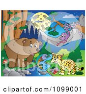 Poster, Art Print Of Bear Fish Wildcat And Snake By A Stream At Night
