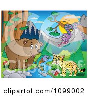 Poster, Art Print Of Bear Fish Wildcat And Snake By A Stream During The Day