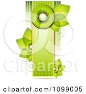 Background Of Kiwi Slices And Leaves On A Green Halftone Banner Over Stripes