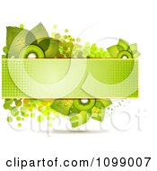 Background Of Kiwi Slices And Leaves On A Green Halftone Banner Over Dots