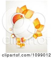 Poster, Art Print Of Background Of Dewy Orange Circles And Leaves Around A Frame With Gray Halftone