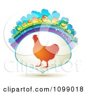 Poster, Art Print Of Barnyard Chicken In A Frame With A Rainbow And Dew Drops