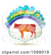 Poster, Art Print Of Barnyard Cow In A Frame With A Rainbow And Dew Drops