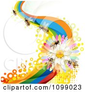 Poster, Art Print Of Background Of Honey Bees On A Daisy Rainbow Wave