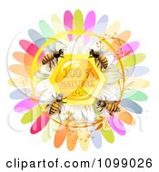 Poster, Art Print Of Group Of Honey Bees Over A Natural Honeycomb With Daisy And Colorful Petals