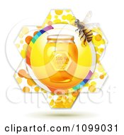 Jar Of Natural Honey And A Bee Over A Flowe
