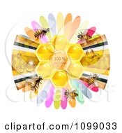 Poster, Art Print Of Natural Honeycomb In The Center Of A Ribbon And Petal Flower With Bees