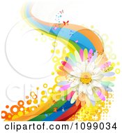 Poster, Art Print Of Background Of A White Daisy And Rainbow Wave With Butterflies And Circles