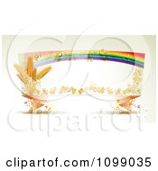 Poster, Art Print Of Origami Banner With Shamrocks Wheat Butterflies And A Dewy Rainbow