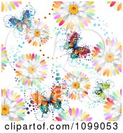 Poster, Art Print Of Seamless Background Pattern Of Colorful Daisies And Butterflies