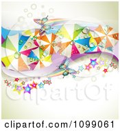 Poster, Art Print Of Wave Of Colorful Wet Umbrellas Butterflies And Stars Over Dots And Mesh