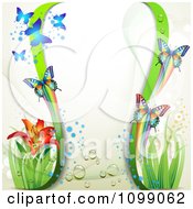 Poster, Art Print Of Background Of Butterflies Green Waves And A Lily